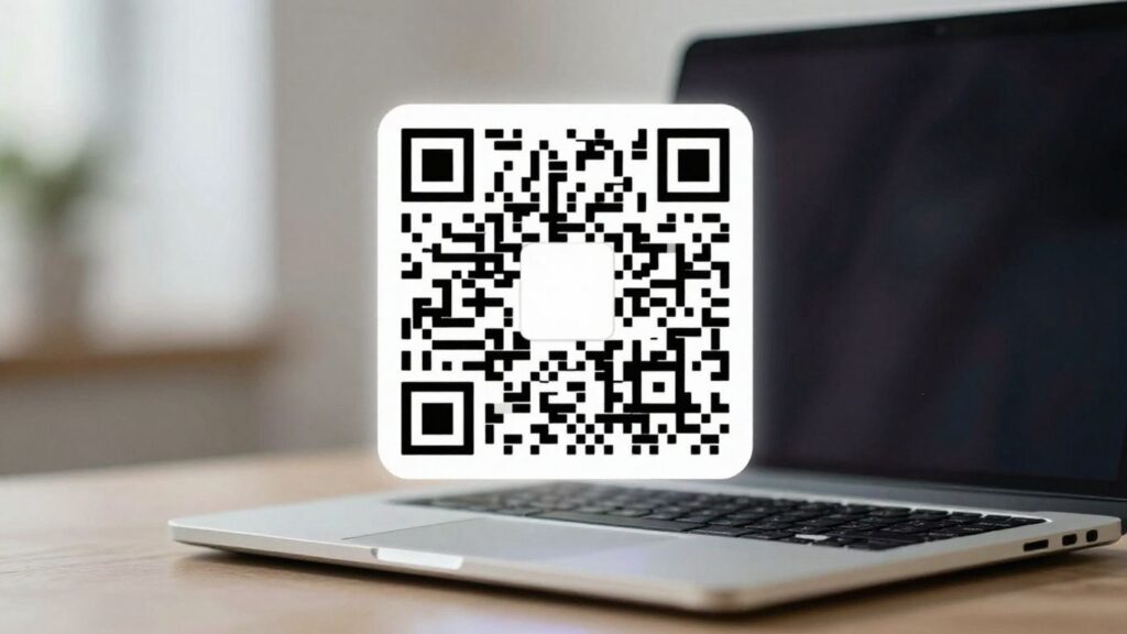 Dynamic QR code floating above a laptop.