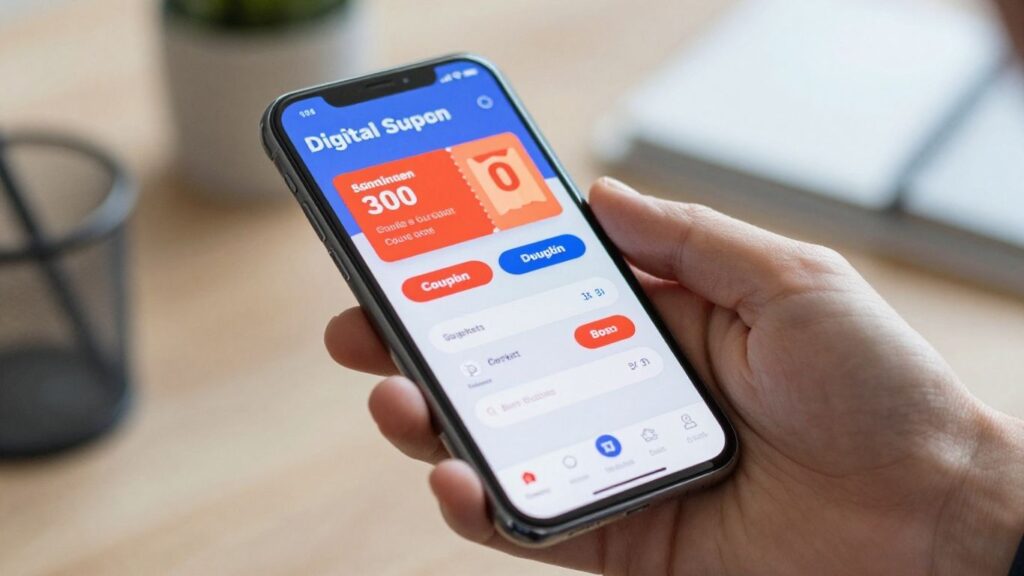 Smartphone displaying a digital coupon for savings.