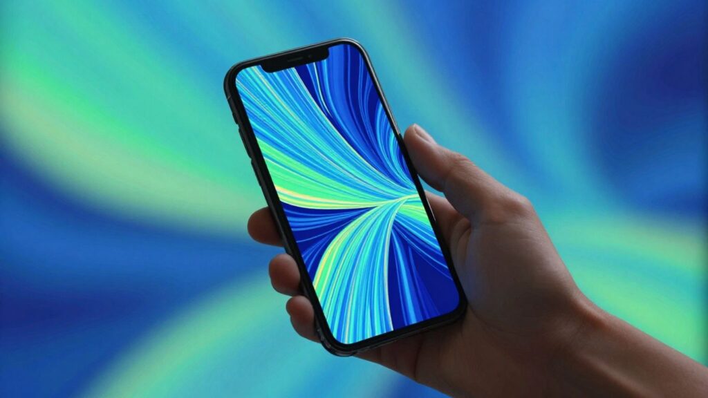 Smartphone screen displaying a colourful barcode pattern.