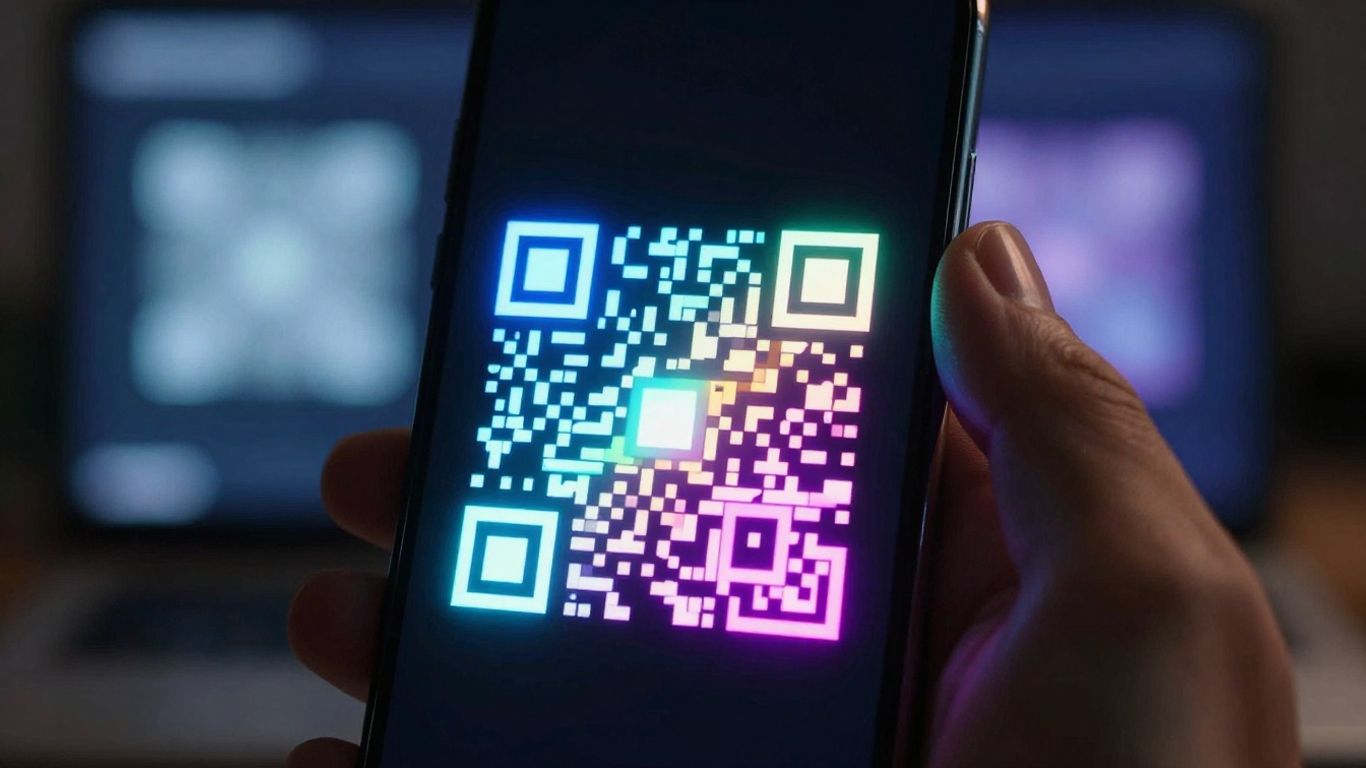 Android phone scanning a colourful QR code.