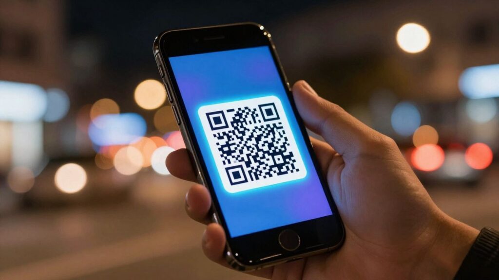 Smartphone scanning a glowing QR code at night.