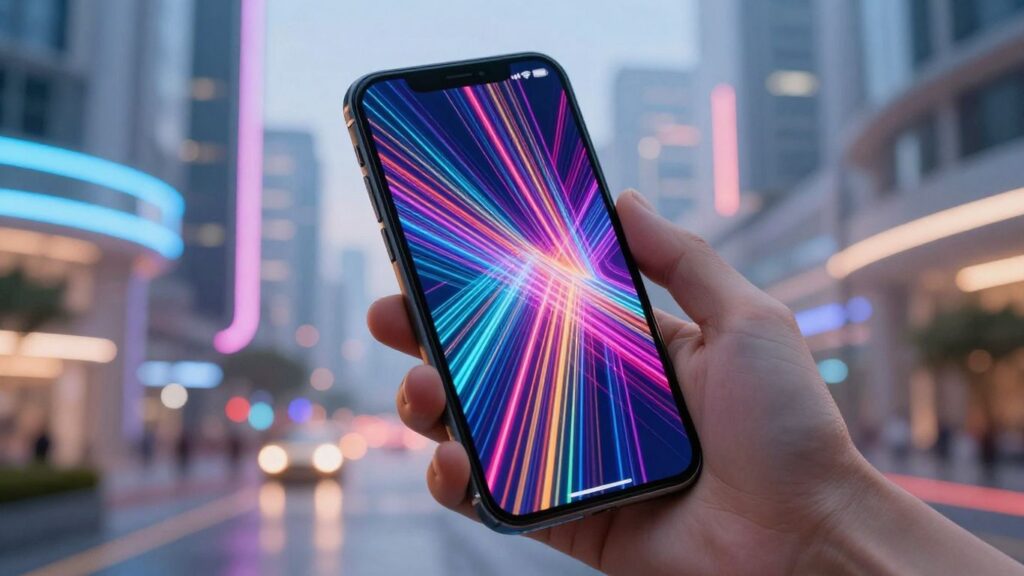 Smartphone displaying colourful abstract pattern, futuristic cityscape background. Barcode Reader App