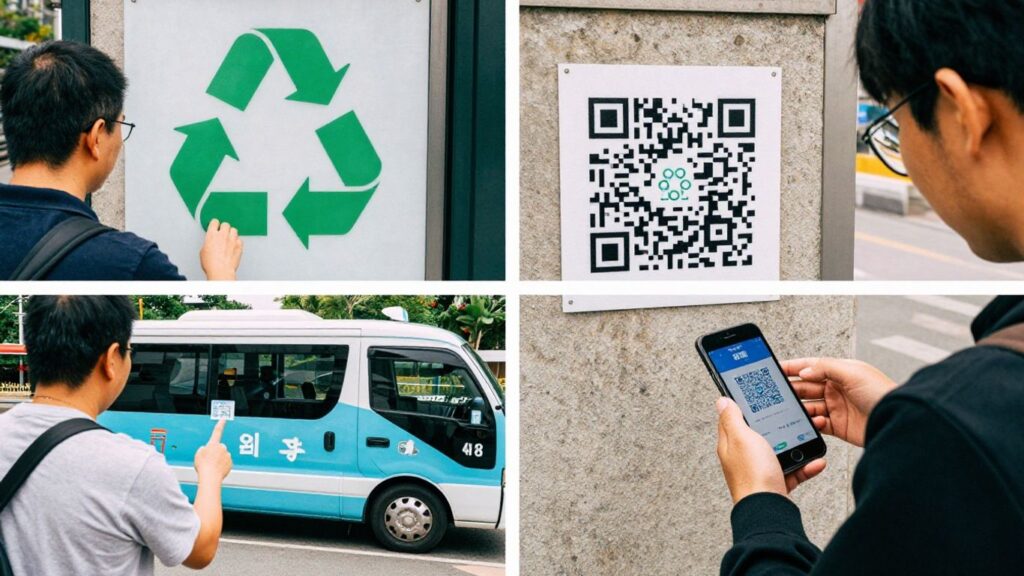 QR codes integrated into recycling and ride-sharing.