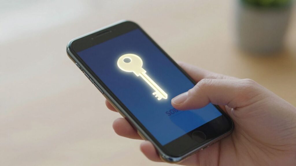 Hand holding phone with digital coupon and glowing key.
