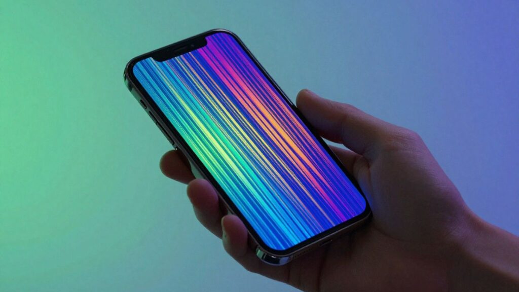 Smartphone scanning colourful barcode lines on screen.