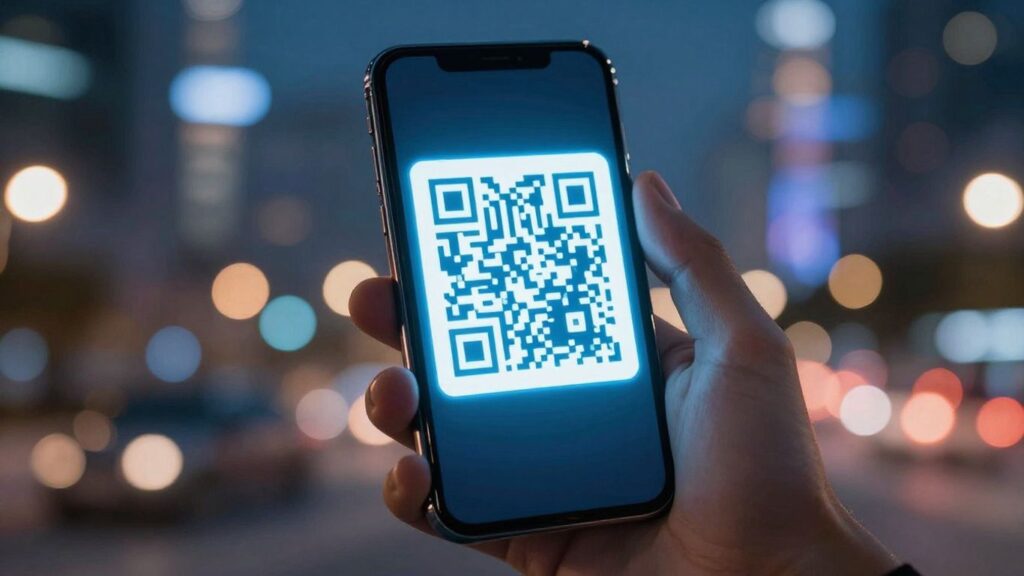 Smartphone scanning a glowing QR code in a city at night.
