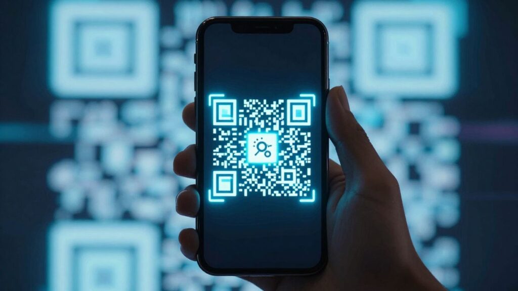 Smartphone scanning a QR code, digital background.