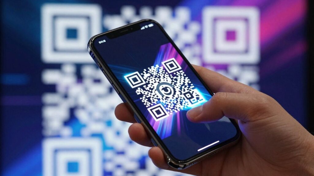 Animated QR code on a smartphone screen.