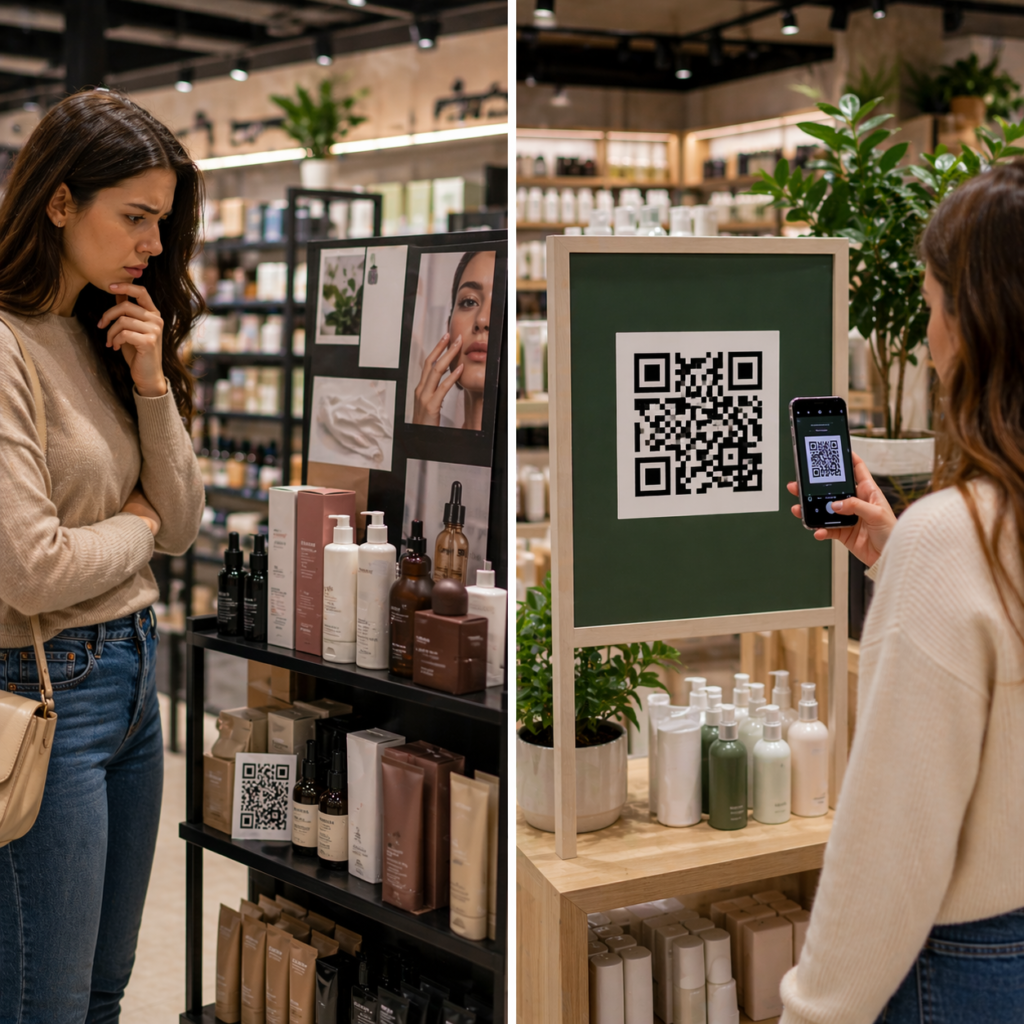 QR codes on retail display signage with customers scanning using smartphones in a modern shop environment