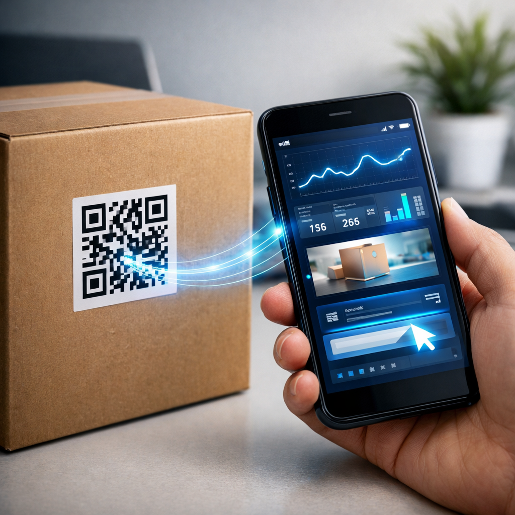 Printed QR code on product packaging being scanned by smartphone showing dynamic content update without reprinting