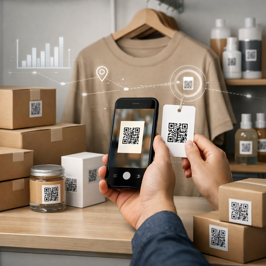 Shopify retailer scanning dynamic QR code on product packaging to track customer engagement at scale