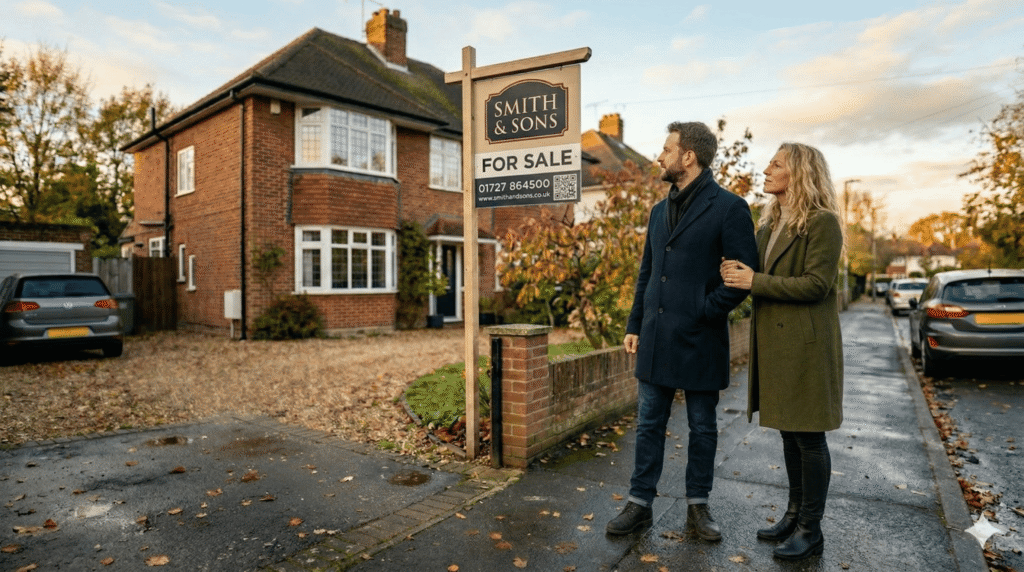 A young couple looking at a house they might be interested in buying, but not knowing where they are so they can come to it or ask the estate agent about it.