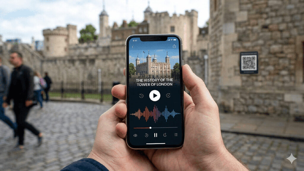 Person holding a smartphone displaying an audio guide for the Tower of London, with a QR code sign visible on a historic stone wall in the background.