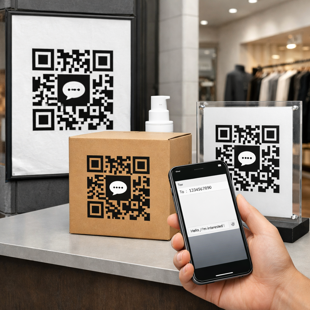 QR code for SMS on product packaging, poster and retail signage being scanned by smartphone