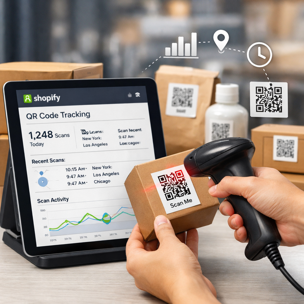 Shopify Barcode Scanner scanning QR code on product packaging to track inventory and customer engagement