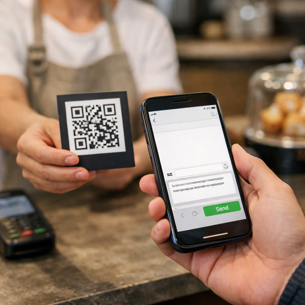 Customer scanning a QR code for SMS on a smartphone to instantly send a message to a business