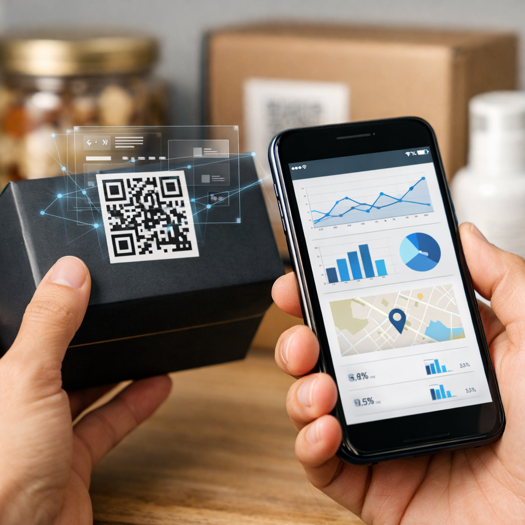 QR codes for packaging being scanned on product boxes with editable tracking dashboard visible on a mobile device