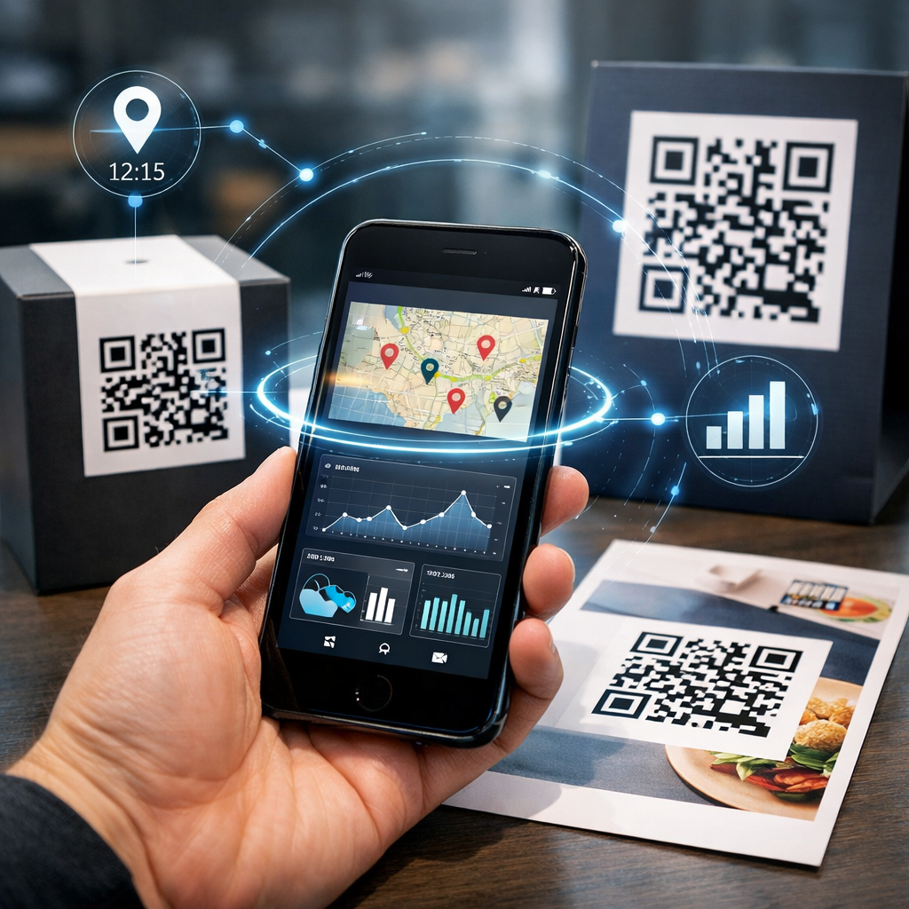 Trackable QR codes on printed materials showing scan analytics dashboard and real-time tracking data