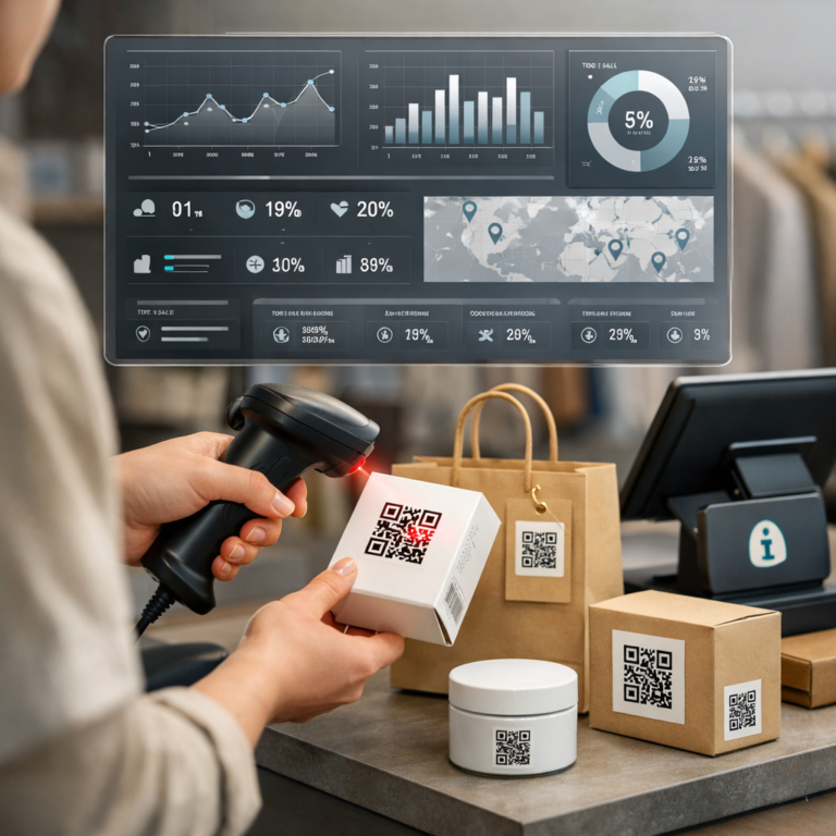 Shopify retail staff scanning a printed QR code on packaging to track printed QR assets after print