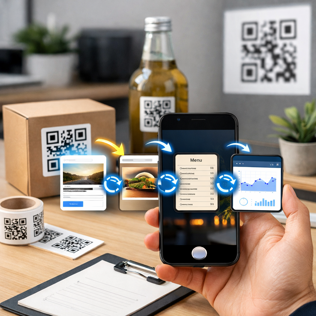 Printed QR code on product packaging being scanned with a smartphone, showing editable digital content updating in real time without reprinting