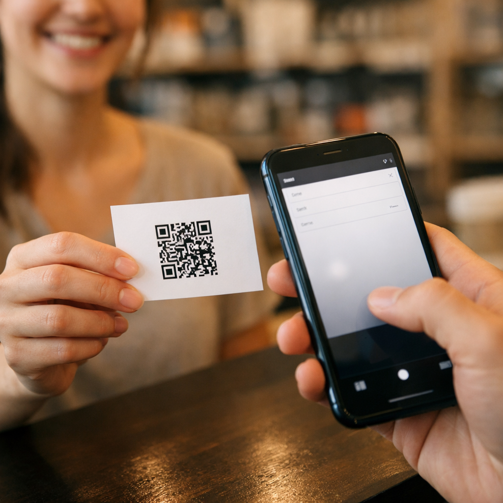 Customer scanning a QR code for email on a printed card using a smartphone, instantly opening an email enquiry form on screen.
