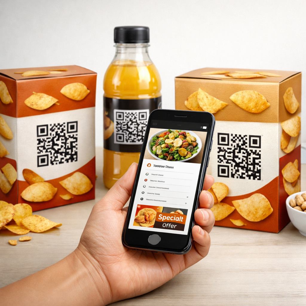 Food product packaging with a QR code being scanned by a smartphone to access updated digital content