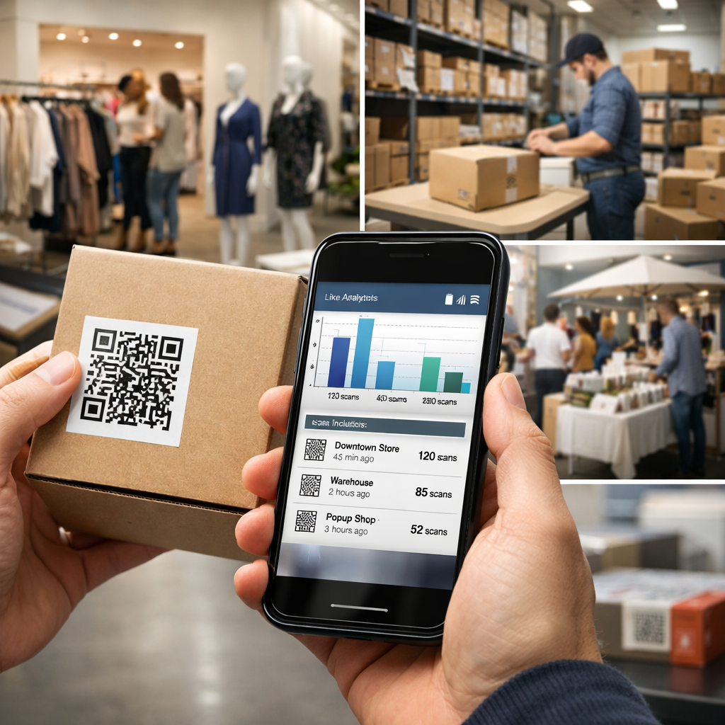 Person scanning a printed QR code on retail signage, with a dashboard showing scan tracking across multiple Shopify store locations