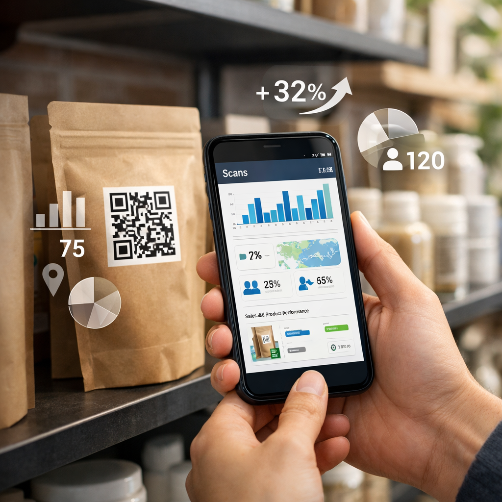Customer scanning a QR code on product packaging in a retail shop with Shopify analytics displayed on smartphone screen