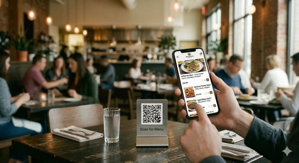 A view of the inside of a restaraunt, the table has a QR Code on it with a mobile phone showing after scanning the QR code goes Directly to the latest menu