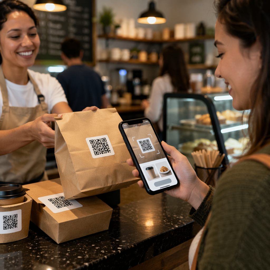 QR code stickers for small business placed on packaging and storefront while a customer scans using a smartphone