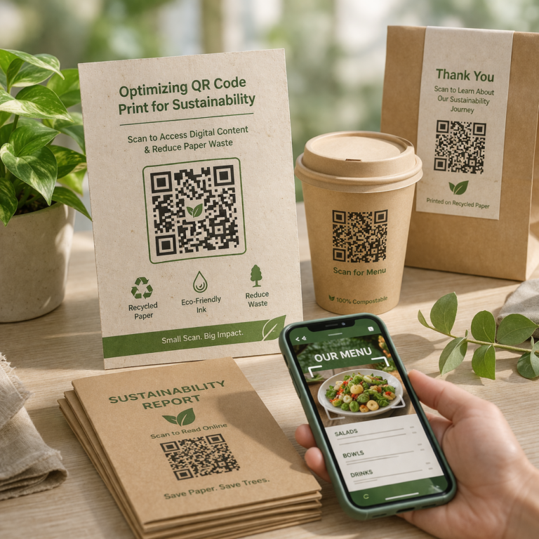 QR Code Print on eco-friendly recycled paper with minimal ink design for sustainable packaging
