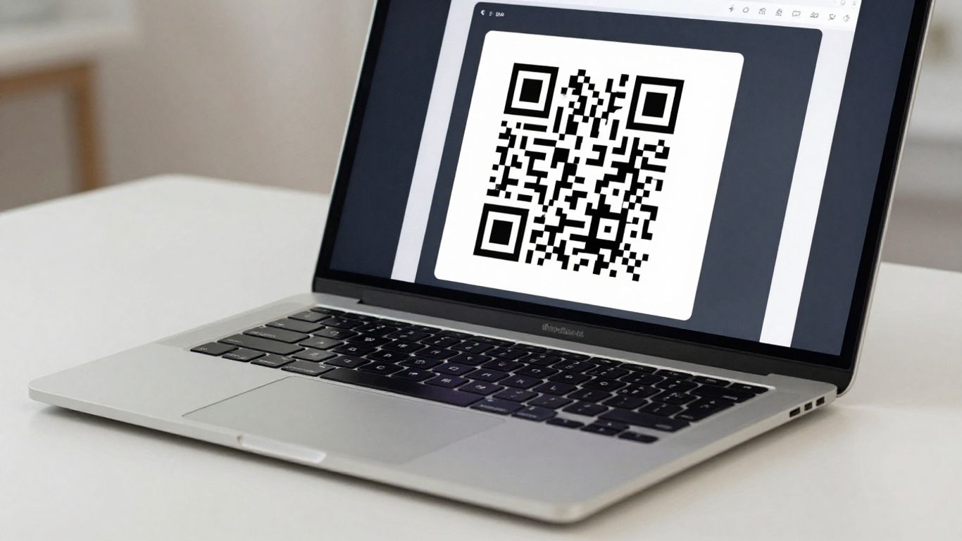 MacBook screen showing a QR code.