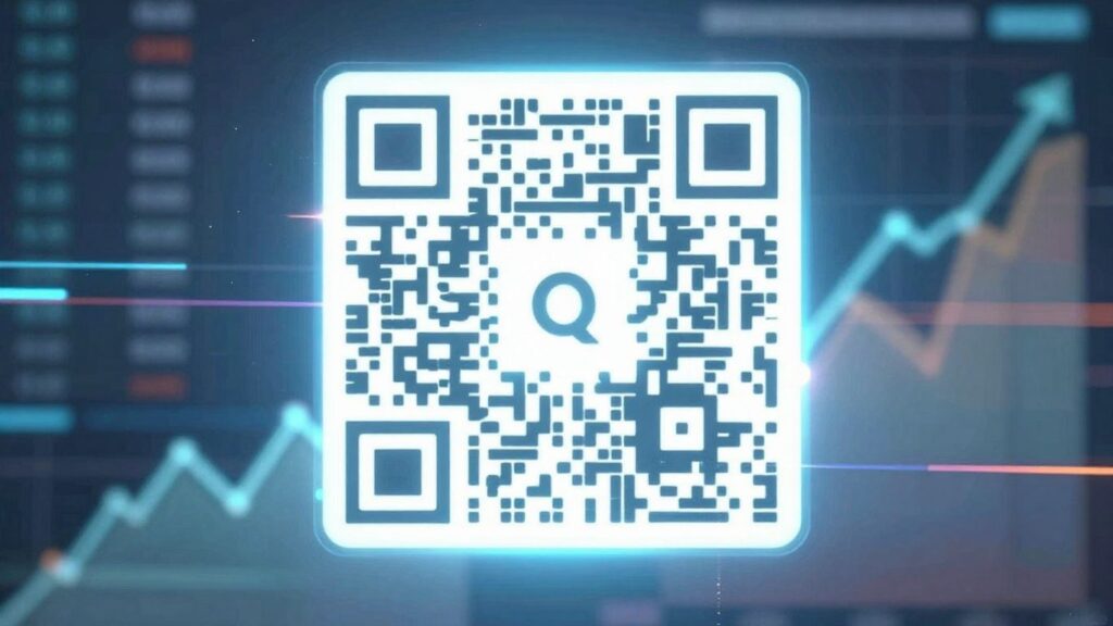 Dynamic QR code glowing above business data.