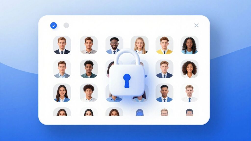 User management interface with profiles, avatars, and lock icon.