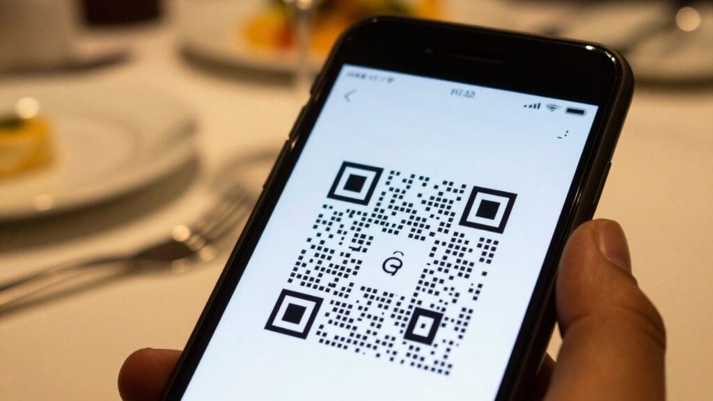 Smartphone scanning a QR code at a restaurant table.