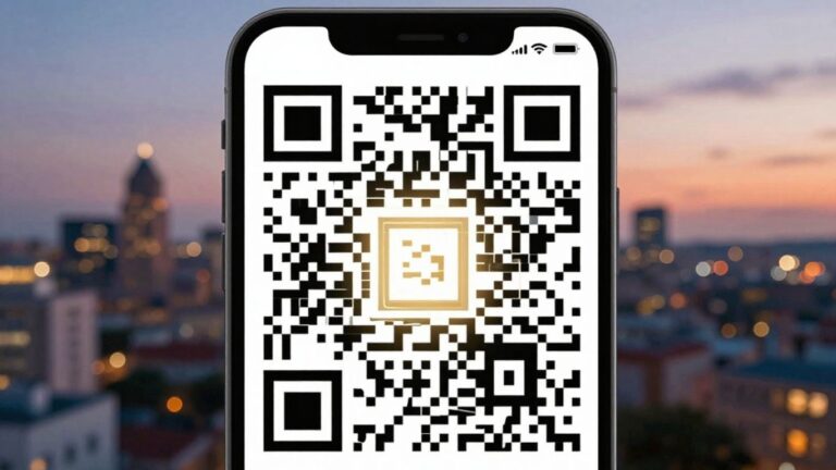 Smartphone scanning a QR code with abstract pattern on screen.