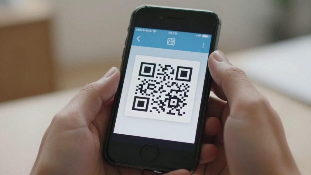 iPhone scanning a QR code on its screen.