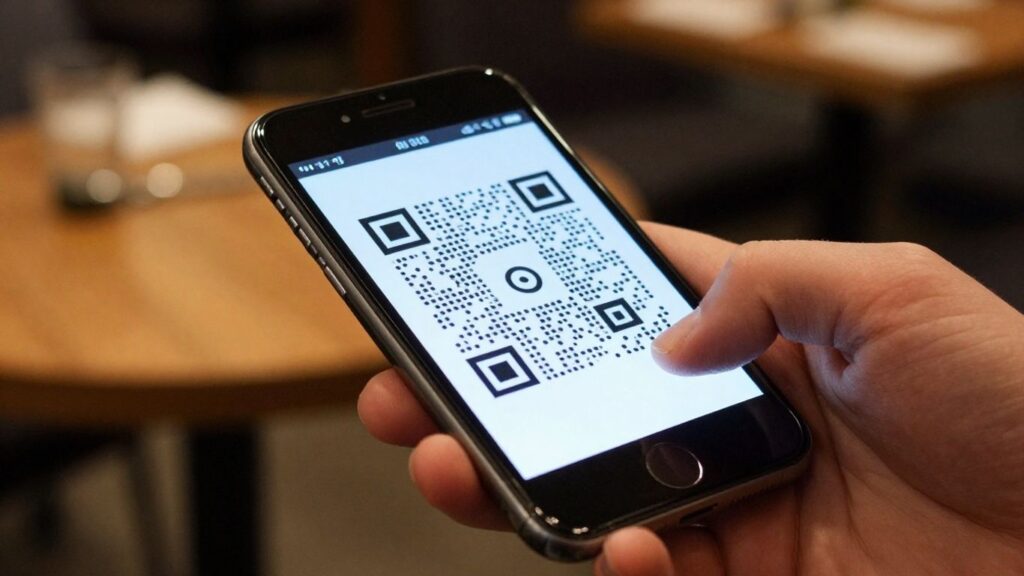 Smartphone scanning a QR code in a restaurant.
