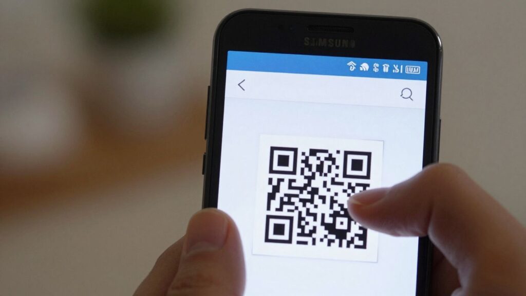 Samsung phone scanning a QR code.