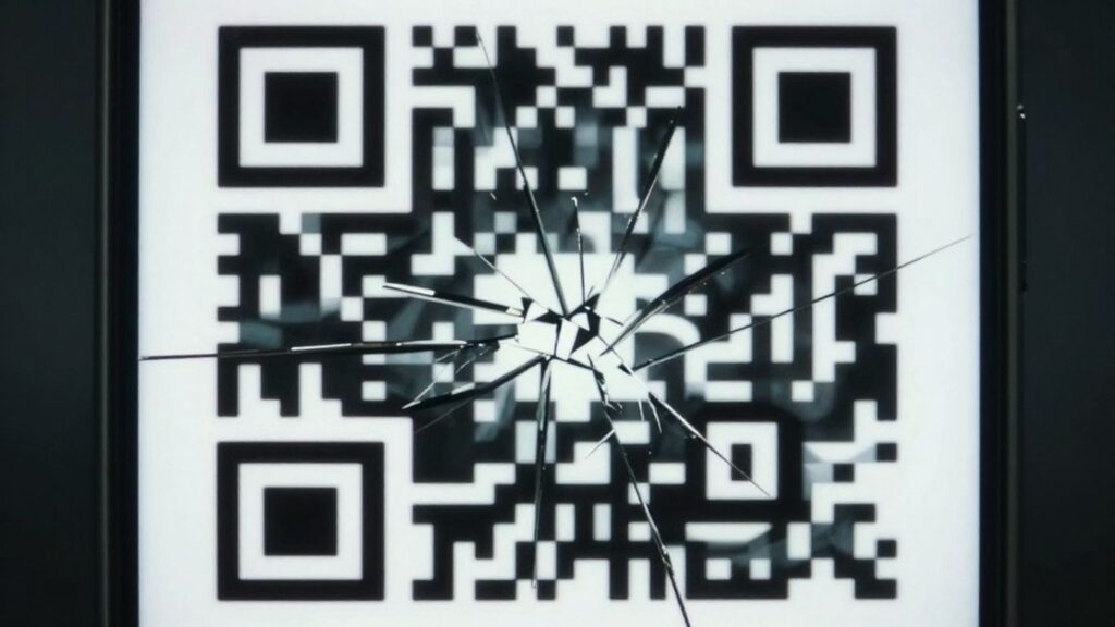 Cracked phone screen with a dangerous-looking QR code.