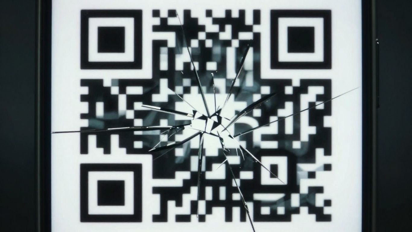Cracked phone screen with a dangerous-looking QR code.