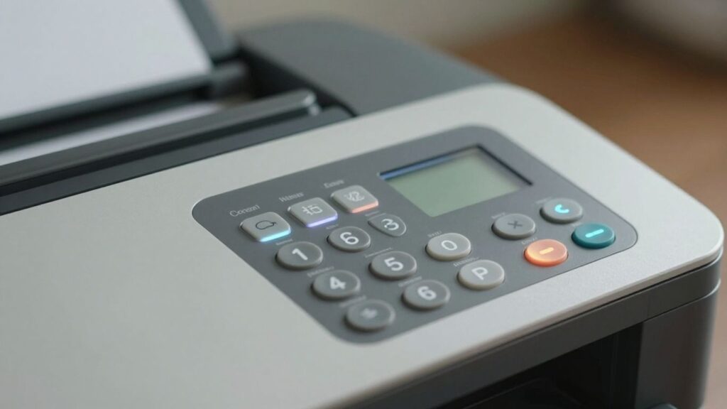 Printer control panel with illuminated buttons.