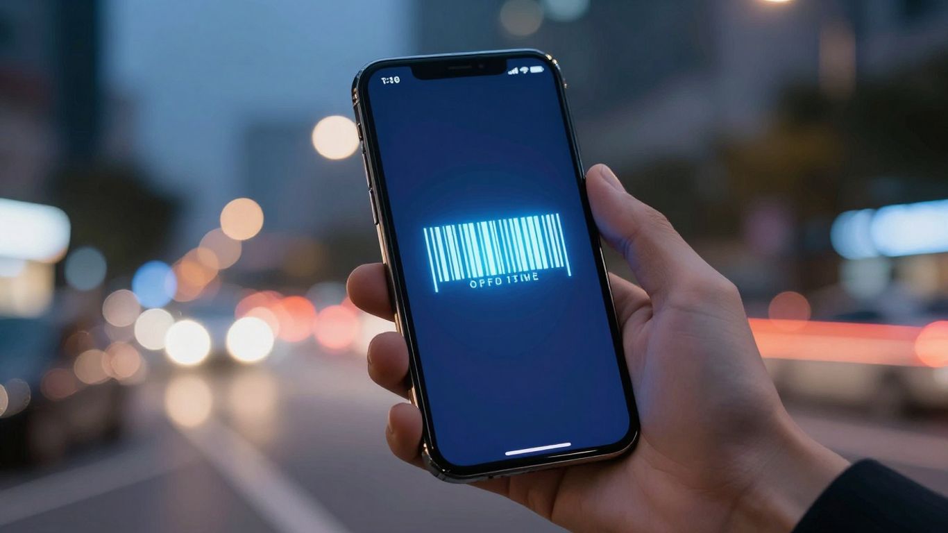 Smartphone scanning a barcode with city lights behind.