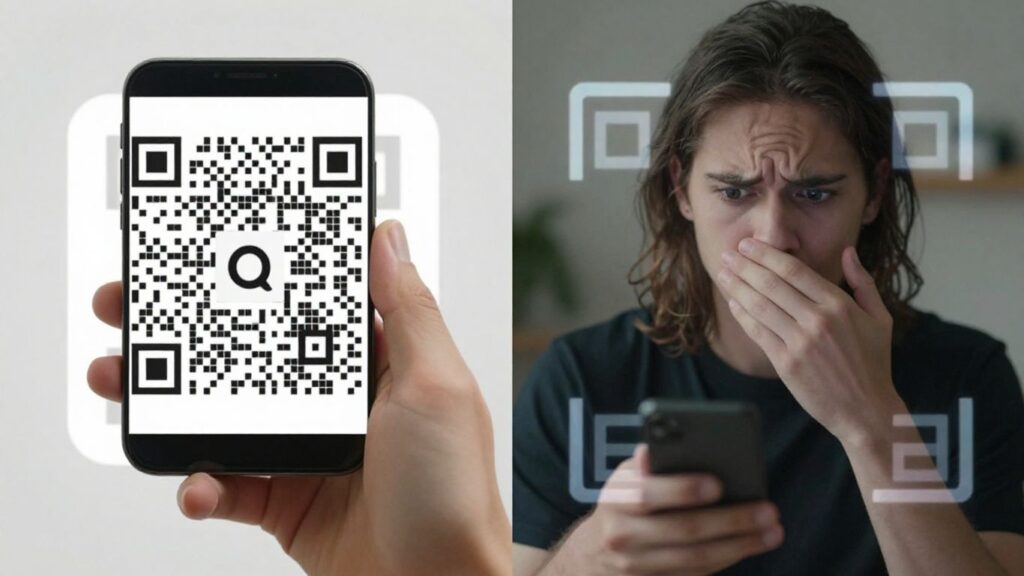Smartphone scanning a QR code, digital divide concept.