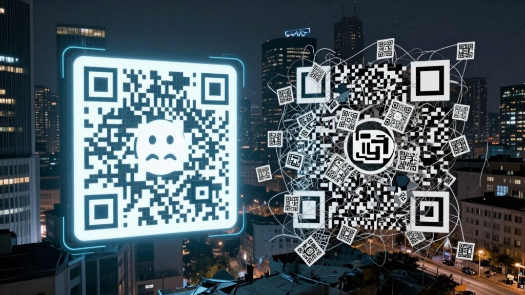 QR codes, one clean, one chaotic, against city backgrounds.