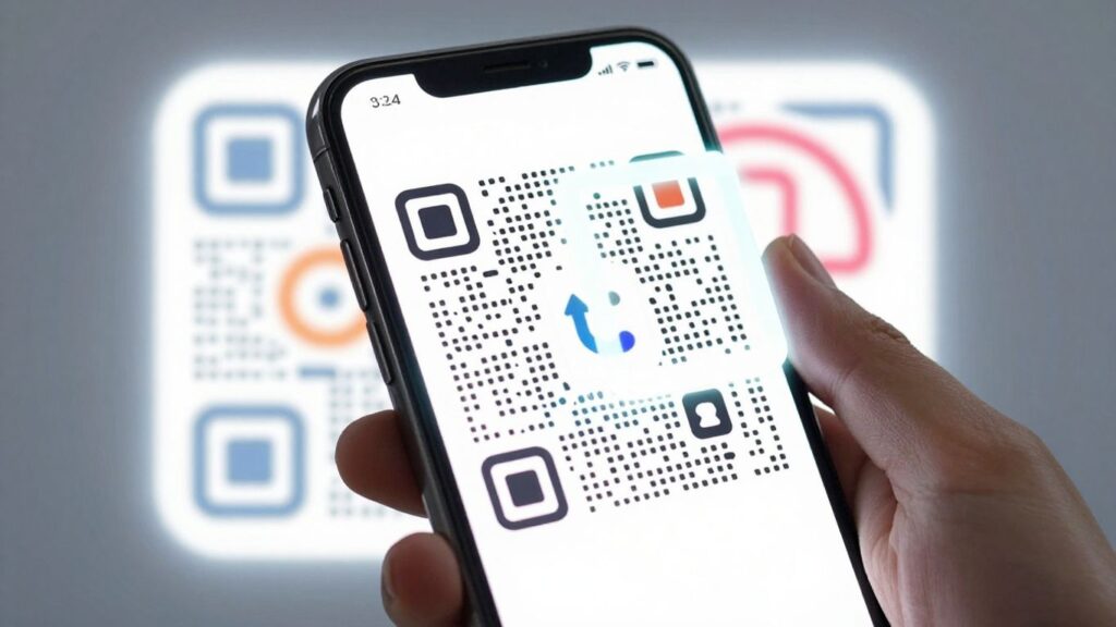 Smartphone scanning a QR code for app downloads.