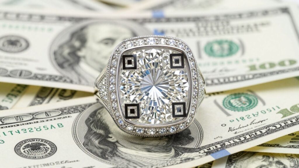 Diamond ring with QR code and large sum of money.