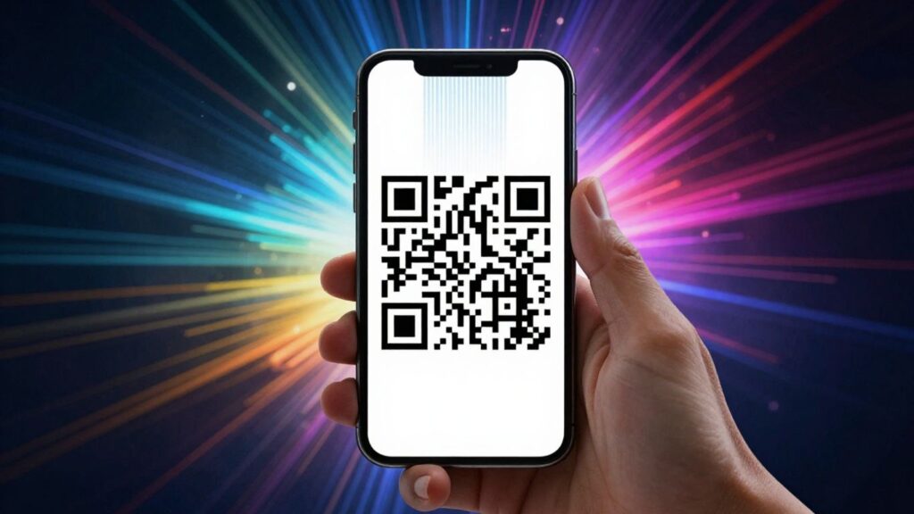 Smartphone scanning a QR code, generating digital connections.