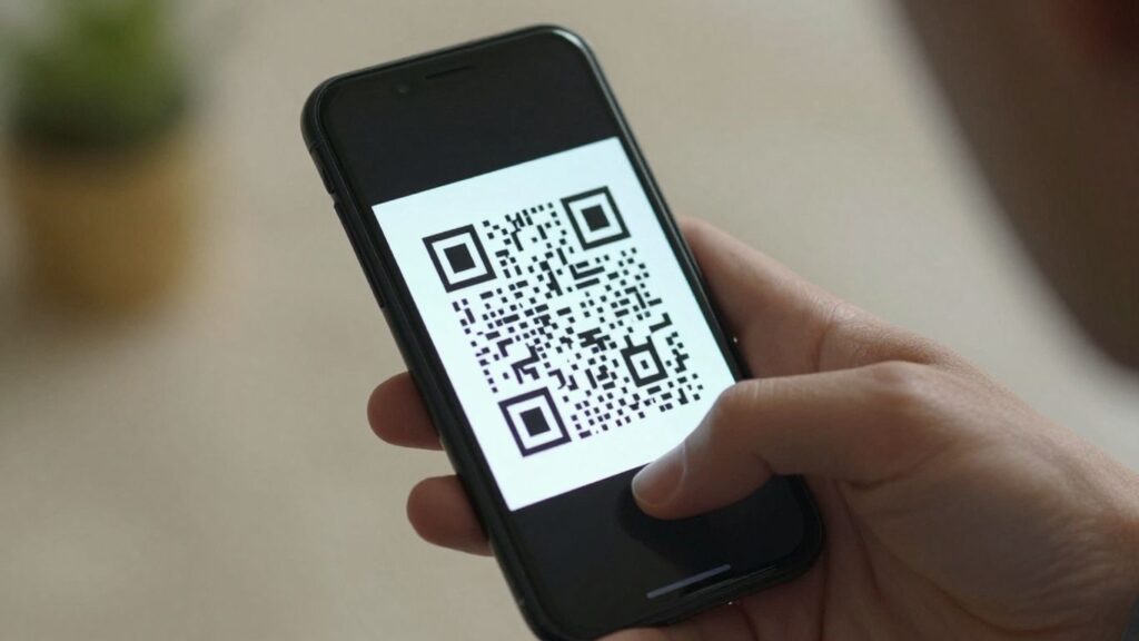 Smartphone scanning a QR code.