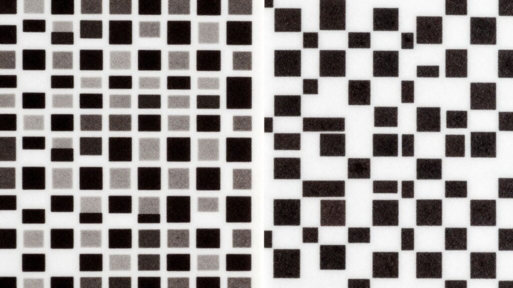 QR code and Data Matrix patterns side-by-side. QR Code vs Data Matrix